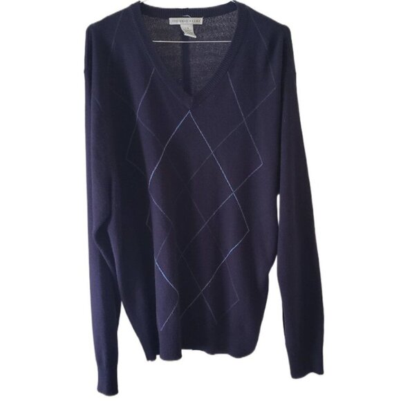 Geoffrey Beene Men's Navy Blue Argyle V-Neck Long Sleeve Sweater - Picture 1 of 3
